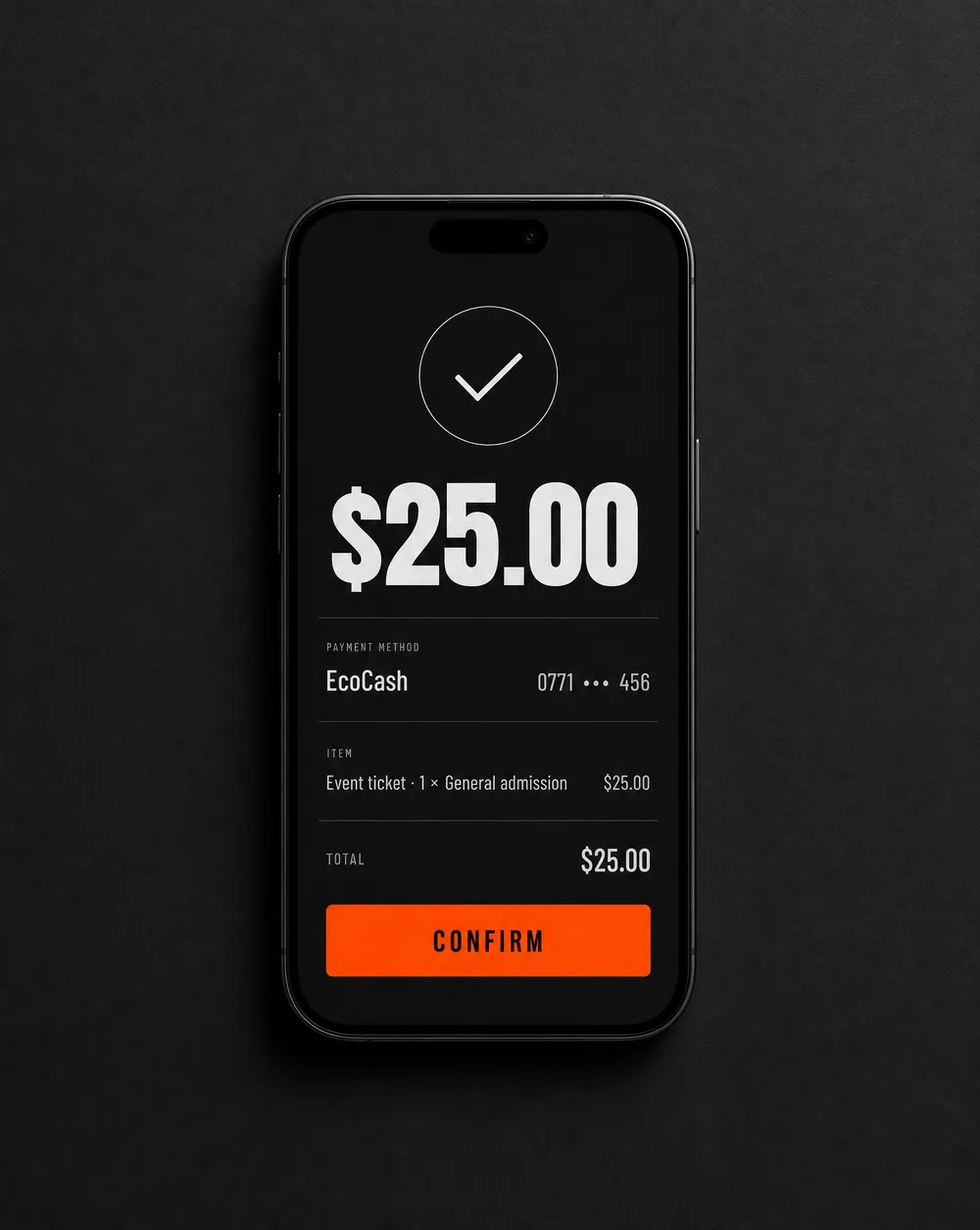 A mobile-money ticket payment confirmation on a phone