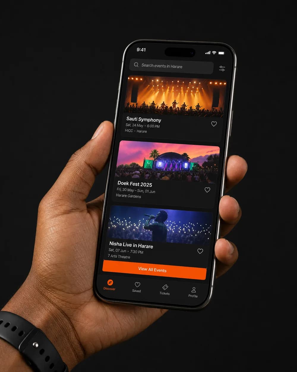 The 263tickets app showing a feed of live events