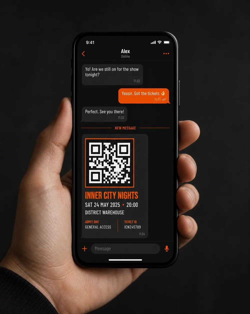 An event ticket with a QR code delivered in a WhatsApp chat