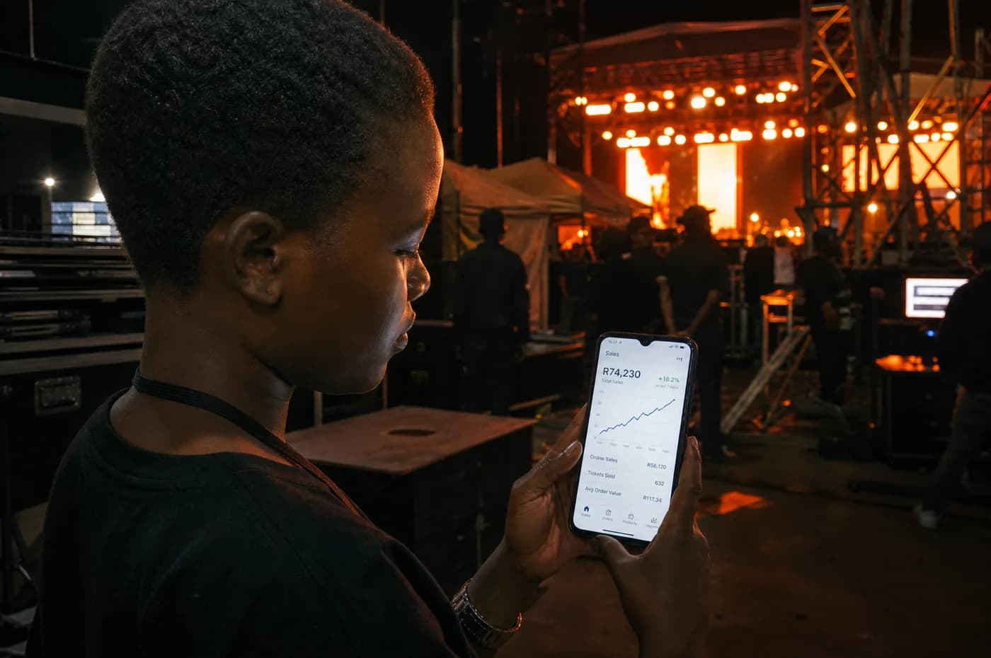 An event organiser checking live ticket sales backstage at a concert